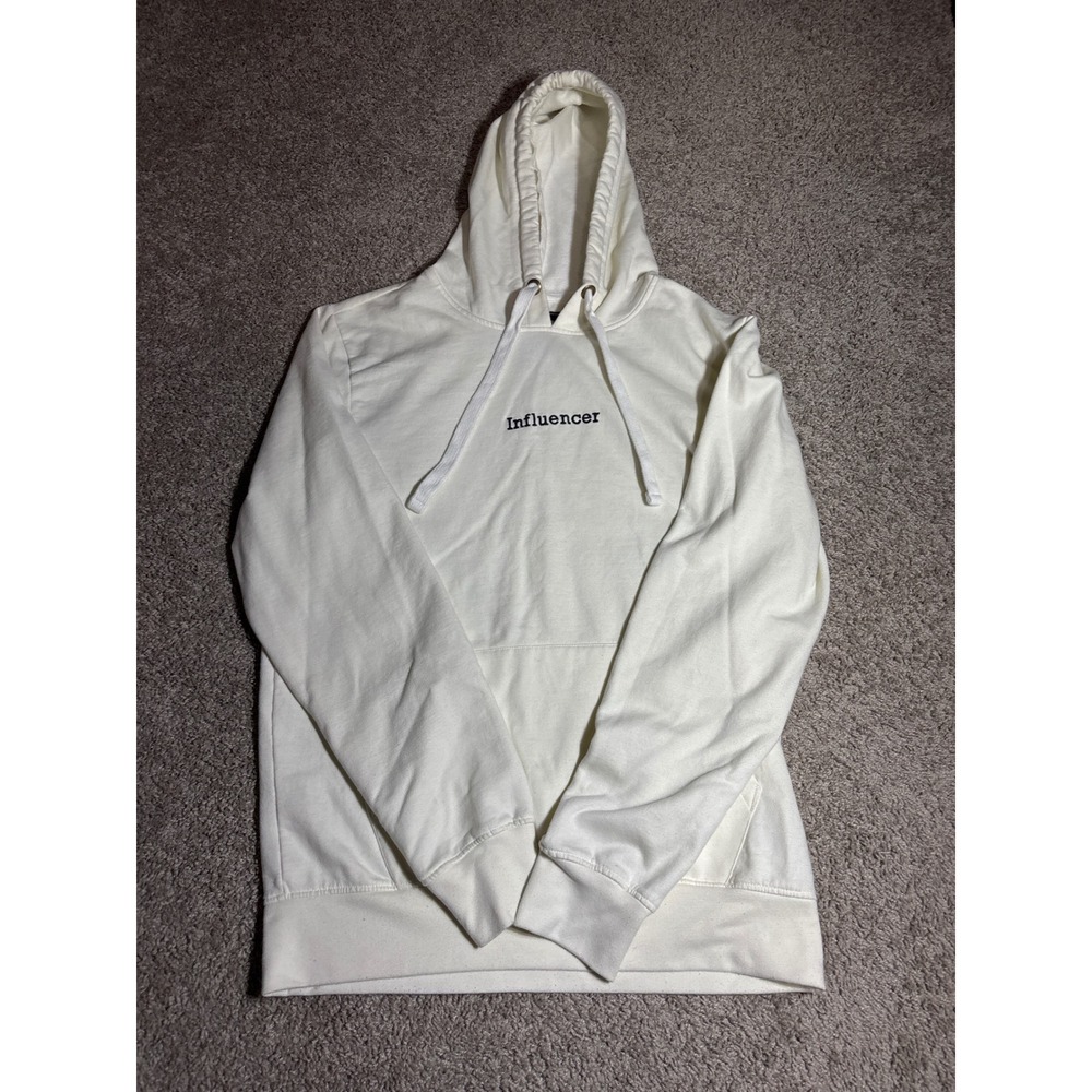 Influencer Embroidered Graphic Hoodie Mens Small Off White Cream Sweatshirt L